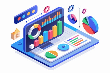 Isometric 3D illustration of a blue bar chart representing financial growth, business performance, or statistical analysis. The image features five ascending bars placed on a tech-style platform.