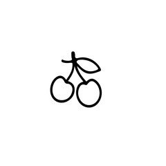 A minimalist line drawing of two cherries connected by a stem with a small leaf on a white background