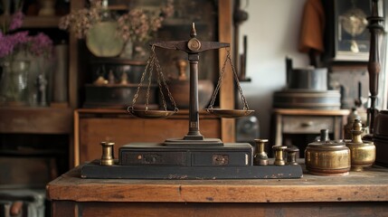 Fototapeta premium Antique Scale on Wooden Table in Vintage Setting