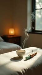 Tranquil morning ambiance with incense and warm light in peaceful bedroom setting.