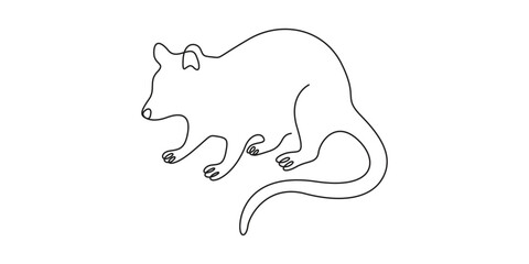 Mouse in one continuous line drawing isolated on white background vector illustration, Single line drawing of a mouse in continuous line art drawing style. Cute small mouse or rat black linear design 