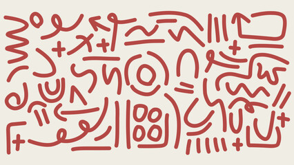 Abstract red hand-drawn symbols on a beige background, resembling modern graffiti. Perfect for creative projects, posters, backgrounds, or textiles with tribal, artistic, and symbolic style.