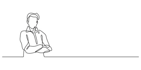 Business man in one continuous line drawing of a crossed his arms thinking. Doodle vector illustration