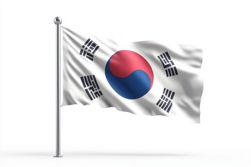 Waving south korean flag on a pole, isolated on white