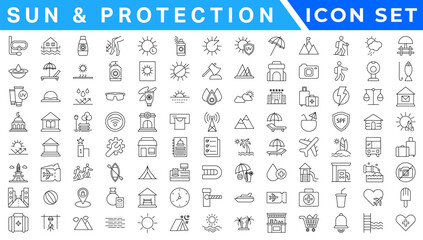 Summer Vacation icon set. Holiday related icons: travel, beach, surfing, hotel, tourism, landscape, camera, passport, ice cream and more. Editable line icons. Vector illustration.