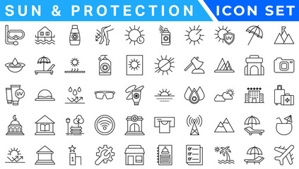 Summer Vacation icon set. Holiday related icons: travel, beach, surfing, hotel, tourism, landscape, camera, passport, ice cream and more. Editable line icons. Vector illustration.