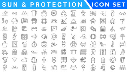 Summer Vacation icon set. Holiday related icons: travel, beach, surfing, hotel, tourism, landscape, camera, passport, ice cream and more. Editable line icons. Vector illustration.