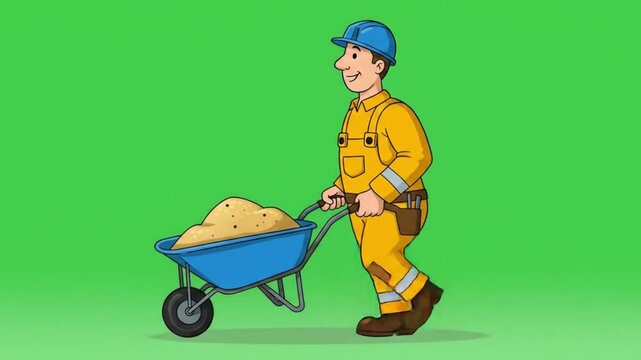 Cartoon construction worker pushing wheelbarrow