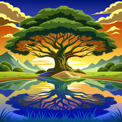 Ultra HD professional landscape photo of a massive ancient oak tree on a lakeshore with perfect mirror reflection in calm water at golden hour
