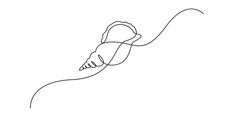 Continuous single line drawing of sea shell. Seashell symbol. Spa beauty and wellness salon banner in simple linear style. Doodle vector illustration