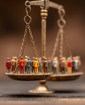Close-up of justice scale with diverse group of people in background, highlighting fairness, inclusion, democracy, and decision-making in legal system