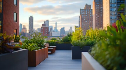 Fototapeta premium Rooftop Urban Garden: Modern Cityscape View