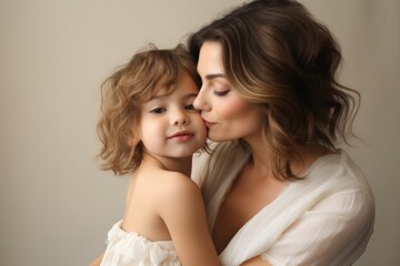 Happy Mother's Day, mother and daughter, cute little girl hugging and kissing her mom.