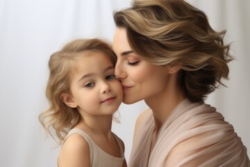 Happy Mother's Day, mother and daughter, cute little girl hugging and kissing her mom.