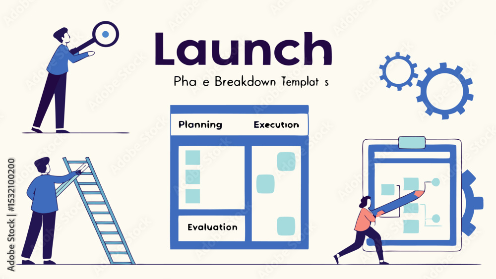 Poster illustration of a project launch phase breakdown template with planning execution and evaluation ste