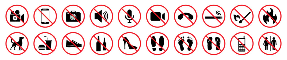 Flat vector icon set with 20 prohibition signs in red circles. Restricted items like camera, phone, loud sound, fire, food, pets, smoking, footwear, and more. Isolated on white background.