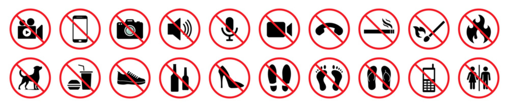 Flat vector icon set with 20 prohibition signs in red circles. Restricted items like camera, phone, loud sound, fire, food, pets, smoking, footwear, and more. Isolated on white background.