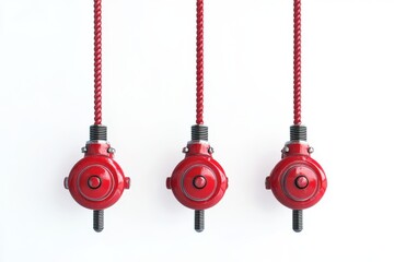Three red industrial pendants with braided cords on white