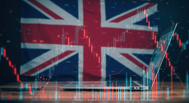 Laptop with trading chart hologram and United Kingdom flag as background