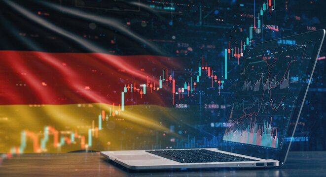 German stock market analysis with laptop, Germany flag overlaying financial charts, DAX index trading concept