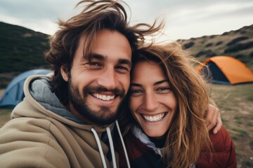 Happy young couple in camping.