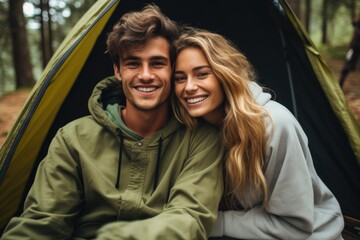 Happy young couple in camping.