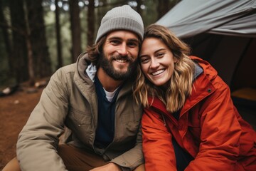 Happy young couple in camping.