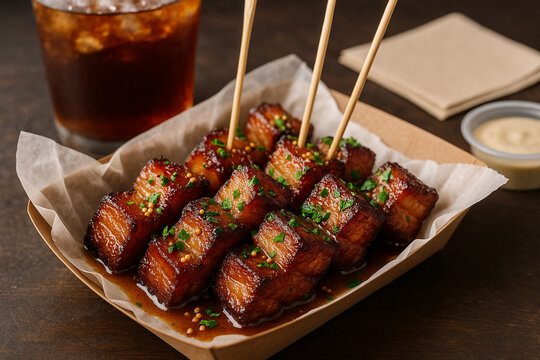 Gourmet glazed pork belly bites, perfect for appetizers or elegant dining.