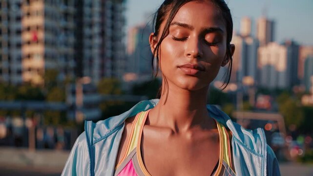 Confident woman walking on urban rooftop at sunset in athletic wear