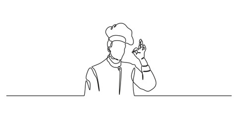 Continuous one line drawing of young excited handsome attractive male chef pose standing and giving okay gesture. Restaurant banner concept single one line drawing vector illustration