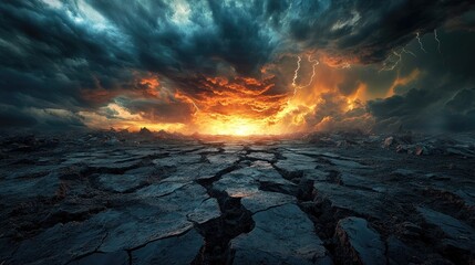 Cracked earth landscape sunset storm