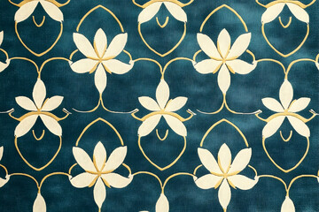 Floral design on a teal-colored fabric.