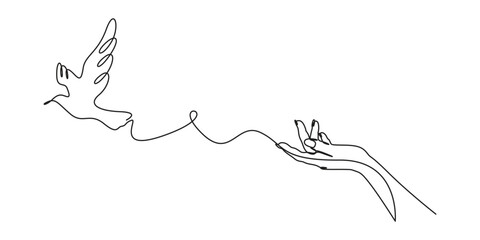 Continuous one line drawing of hands with flying dove and olive branch vector illustration
