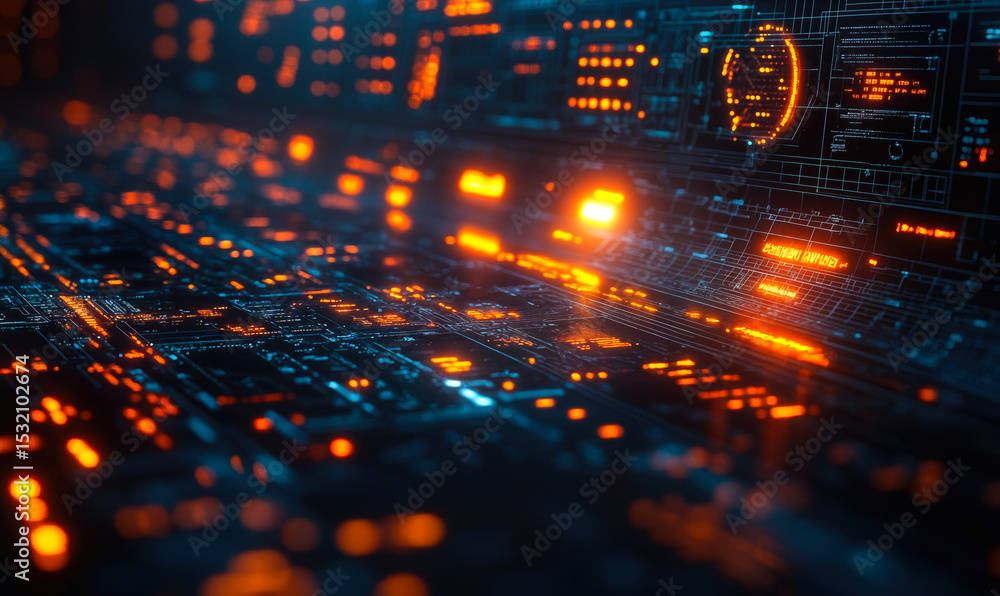 Poster futuristic digital circuit board with glowing orange and blue data streams and holographic interface