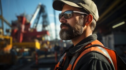 Transportation shipping, Crane operator in a busy seaport, cargo containers in the background.