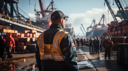 Transportation shipping, Crane operator in a busy seaport, cargo containers in the background.