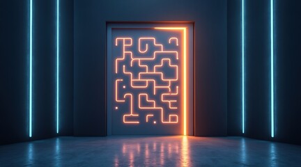 Illuminated door with a maze design in a dark, futuristic setting.