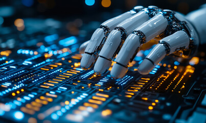 Futuristic robotic hand interacting with illuminated circuit board technology close-up in digital innovation concept