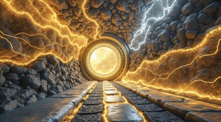 Tunnel leading to a bright light with textured walls and glowing patterns.