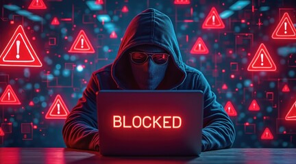 Hacker in a hoodie working on a laptop with blocked message and warning signs.