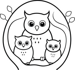 owl family in tree hollow outline for colouring on white background