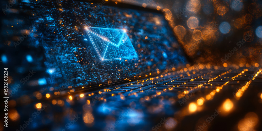 Aufkleber futuristic digital email envelope icon glowing on computer keyboard with blue and orange bokeh light