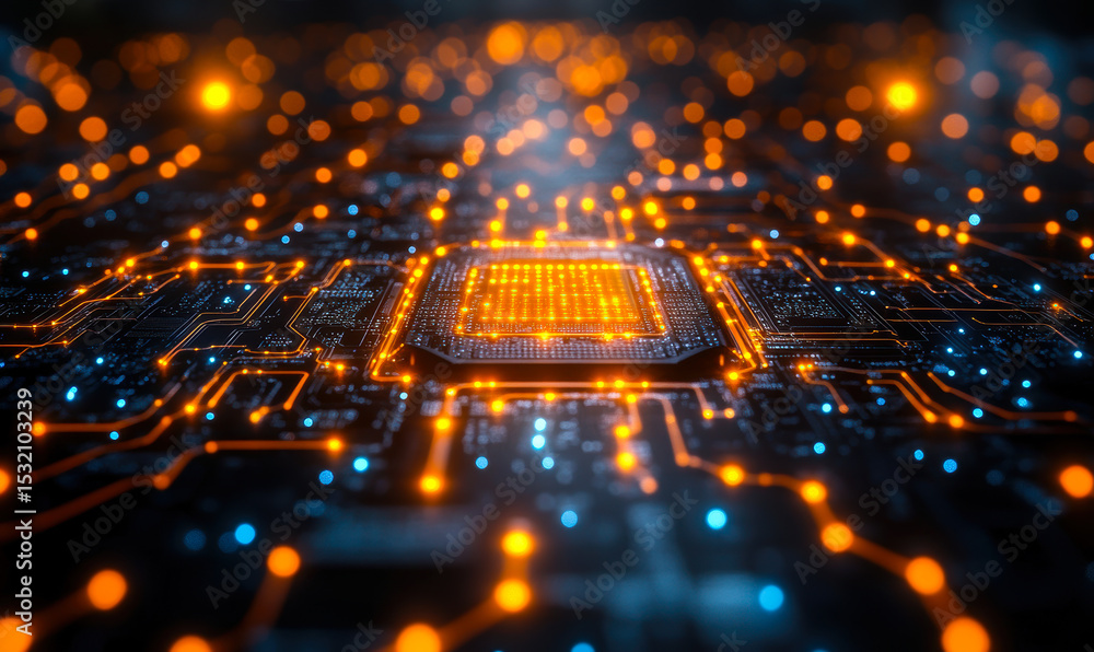 Poster close up glowing orange digital microchip circuit board with blue highlights futuristic computer tec