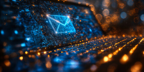 Futuristic digital email envelope icon glowing on computer keyboard with blue and orange bokeh lights representing email marketing technology concept