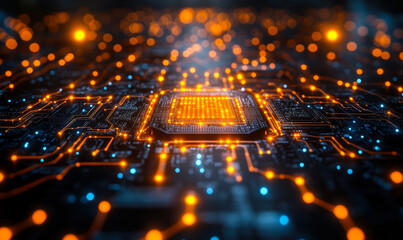 Close up glowing orange digital microchip circuit board with blue highlights futuristic computer technology background in shallow depth of field macro view
