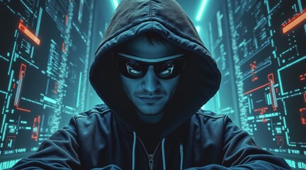 Mysterious figure in a hoodie surrounded by digital data visuals.