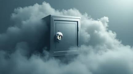 A safe emerging from clouds, symbolizing security and mystery.