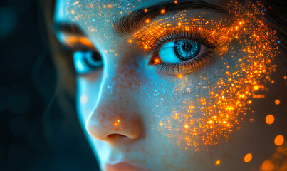 Close-up of young woman's face with blue eyes illuminated by glowing orange digital particles representing futuristic technology and artificial intelligence concept