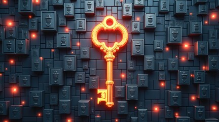 Golden key against a backdrop of dark boxes with glowing accents.