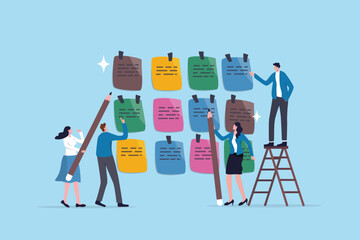 Agile scrum, sprint or idea brainstorming, teamwork planning development meeting, team meeting workflow or improvement feedback, business people team brainstorm and discuss on sticky notes.